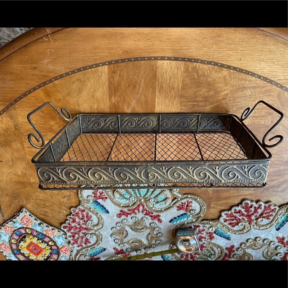 Large Metal Decorative Tray Basket w Handles Rustic Farmhouse Organizer Desk Kit